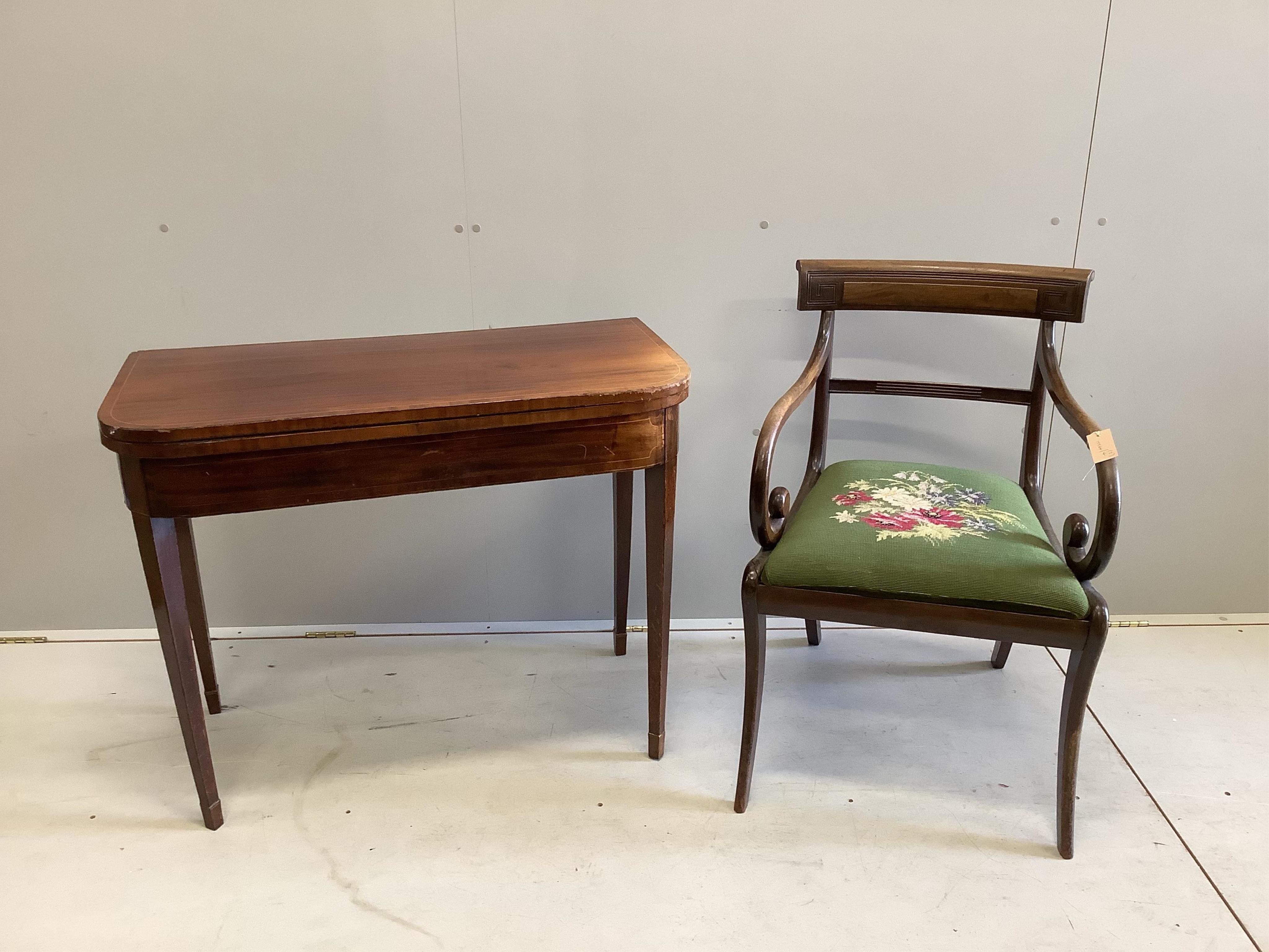 A Regency mahogany tea table, width 92cm, and a mahogany carver, width 55cm. Condition - fair